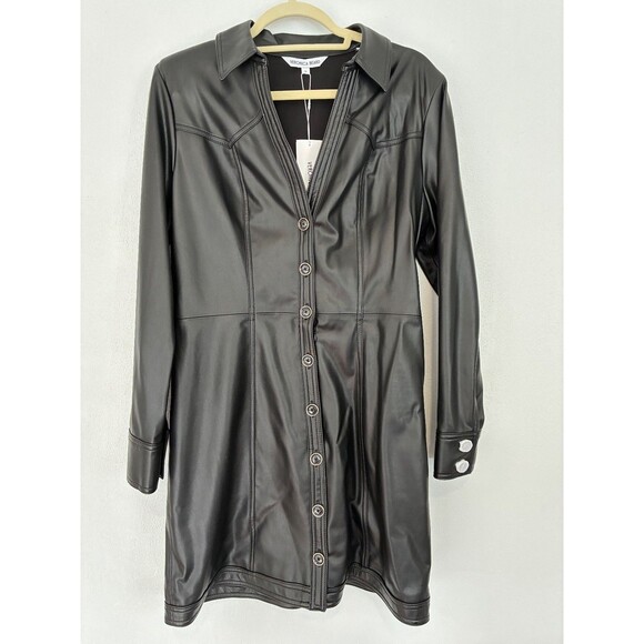 NEW Veronica Beard Garret Long Sleeve Faux Leather Coat Dress Black - Picture 2 of 5